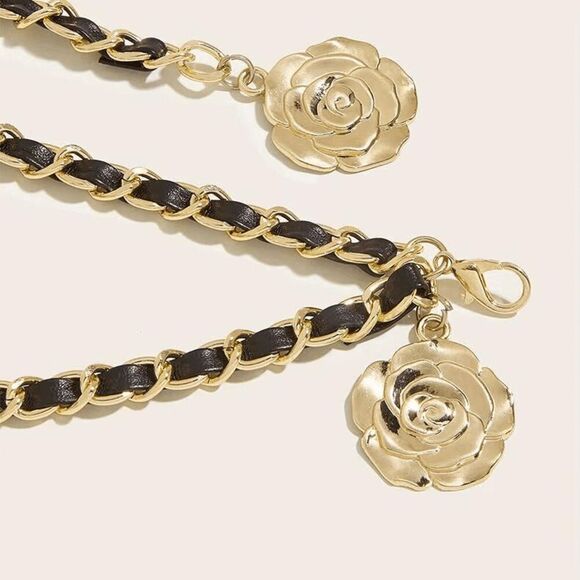NEW Gold Black Rose Camellia Flower Charms Interwoven Chain Belt - Picture 8 of 14
